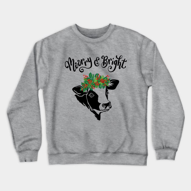 Christmas Cow Moorry & Bright Hand Drawn Cow with Holly Crown Crewneck Sweatshirt by DoubleBrush